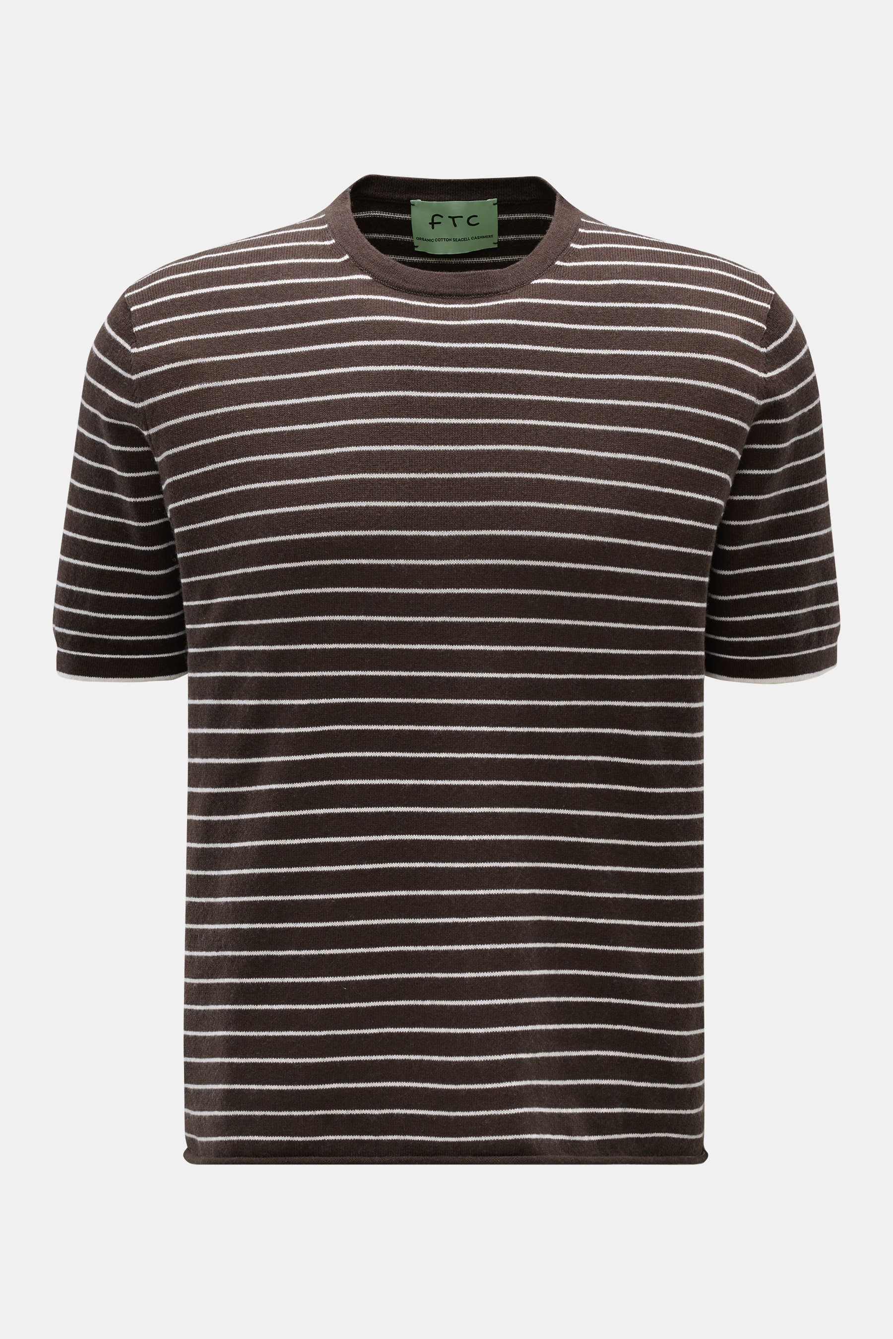 FTC Kurzarm-Rundhalspullover dunkelbraun/weiß gestreift, frontal fotografiert, aus luftigem Cashmere-Baumwoll-SeaCell-Mix, Regular Fit, rolliertem Saum.