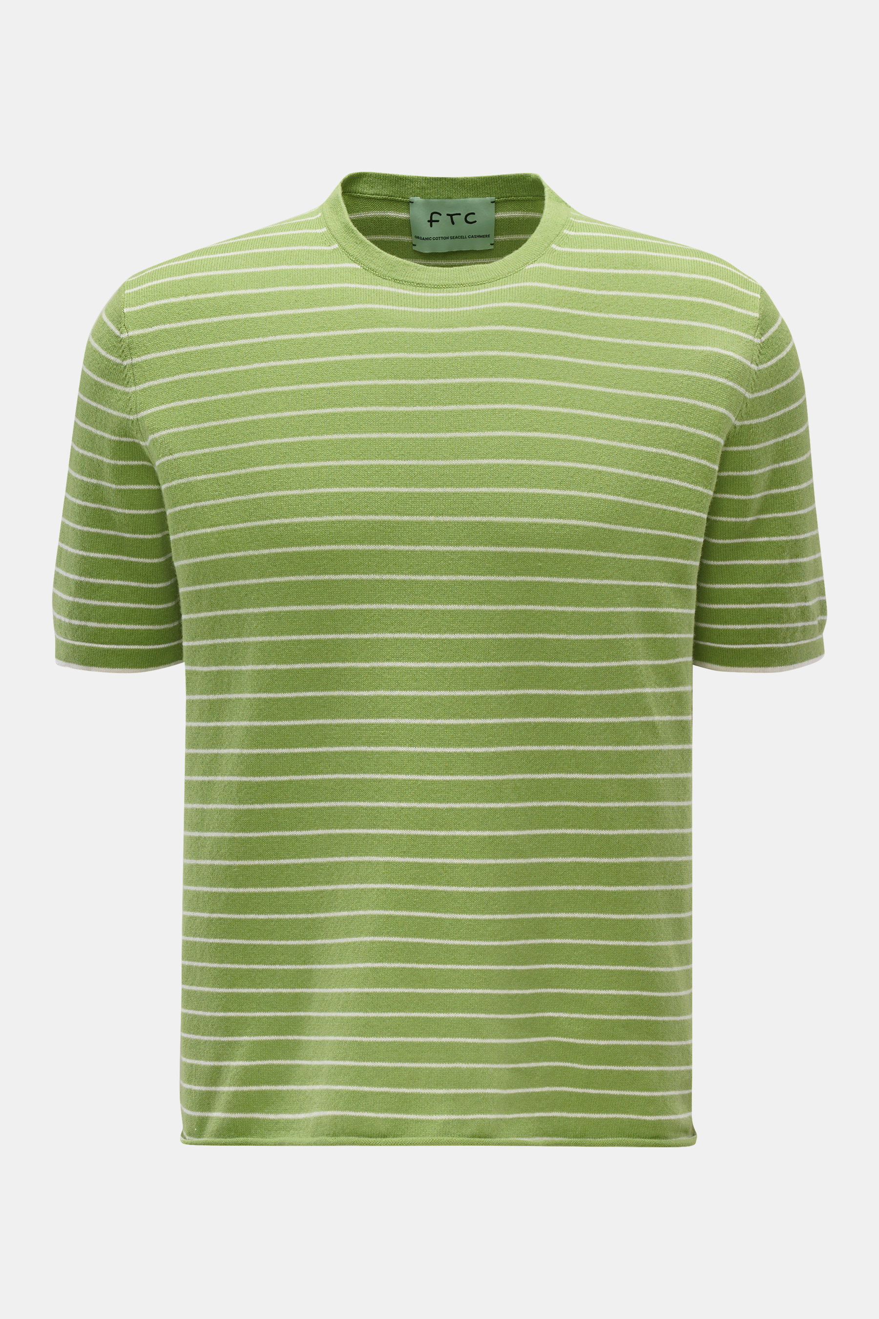 FTC Kurzarm-Rundhalspullover grün/weiß gestreift, frontal fotografiert, luftiger Cashmere-Baumwoll-SeaCell-Mix, soft, feines Strickbild, Regular Fit, Rundhalsausschnitt, rollierter Saumabschluss.
