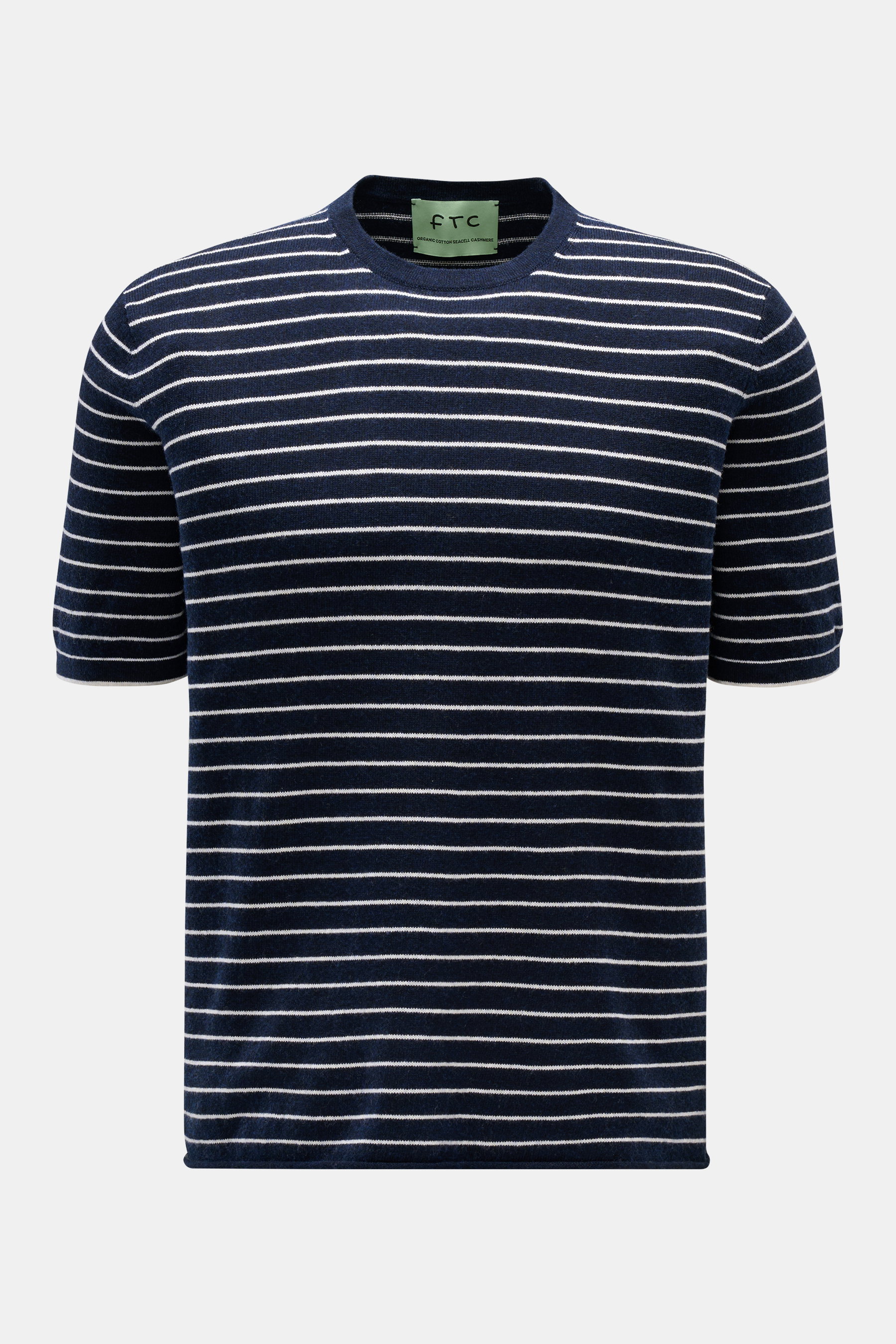 FTC Kurzarm-Rundhalspullover navy/weiß gestreift, frontale Ansicht, luftiger Cashmere-Baumwoll-SeaCell-Mix, softer Regular Fit, rollierter Saum.