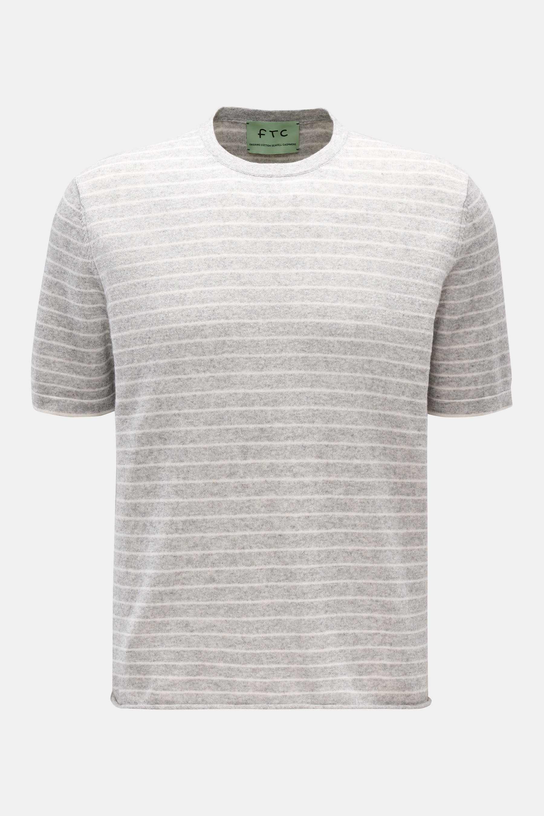 FTC Kurzarm-Rundhalspullover grau/weiß gestreift, frontal fotografiert, aus luftigem Cashmere-Baumwoll-SeaCell-Mix, soft, Regular Fit.