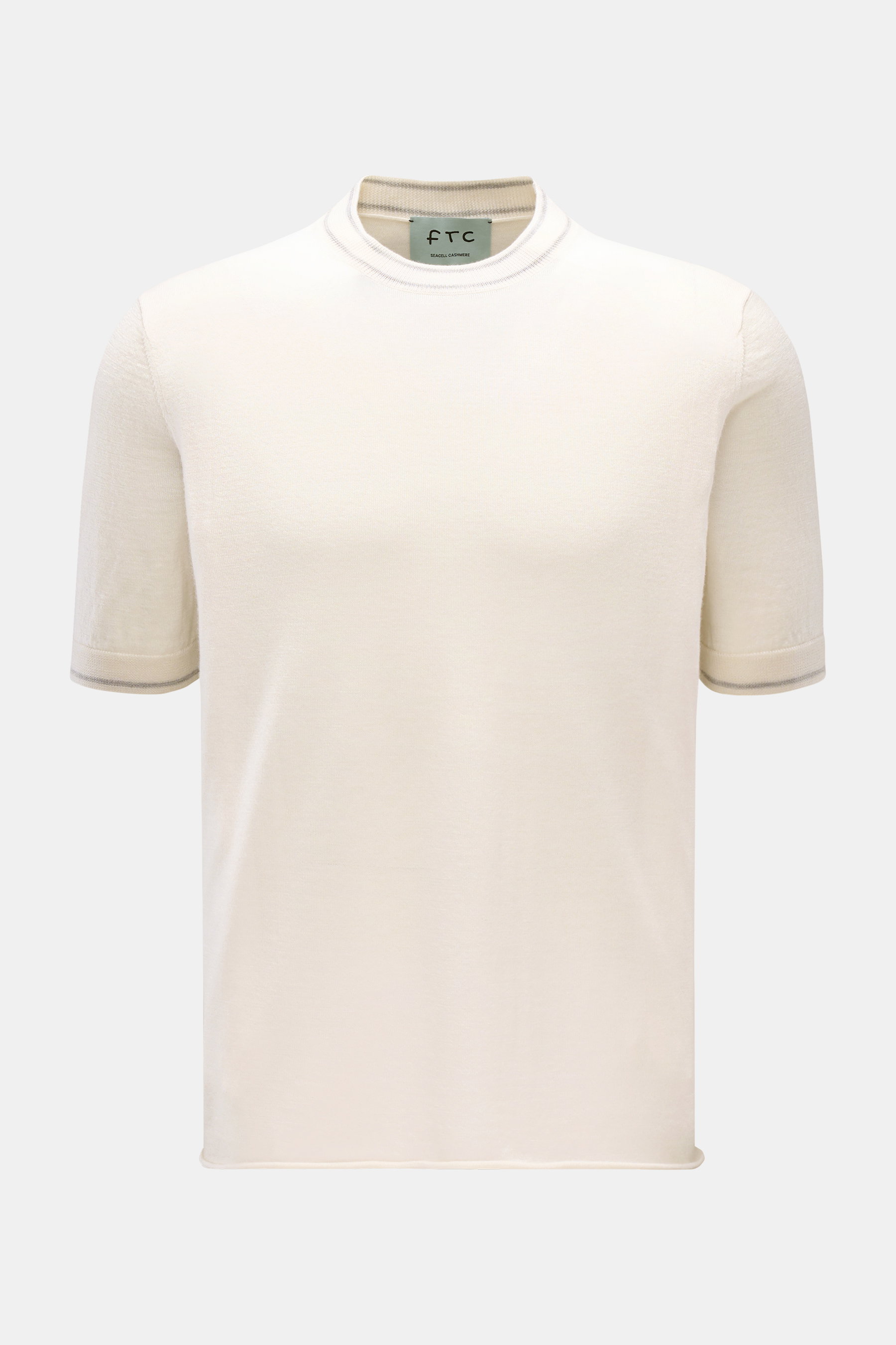 FTC Short sleeve crew neck jumper cream shown from the front on a plain background, made from a sustainable cashmere-SeaCell blend with Oeko-Tex® certification. Sustainable from the fibres to the finished model: This short sleeve crew neck jumper in the f