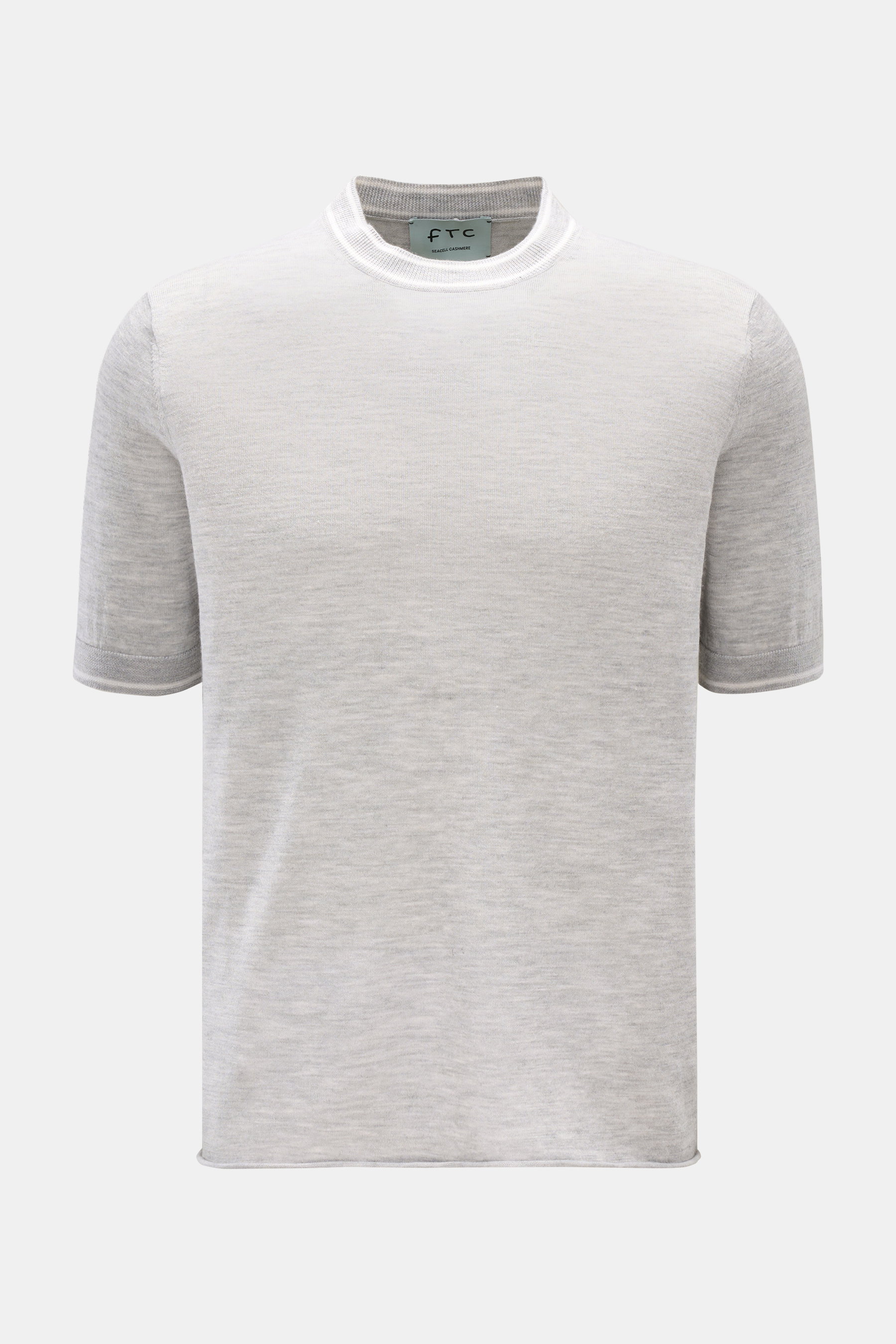 FTC Short sleeve crew neck jumper grey mottled shown from front, slim fit in fine knit cashmere-SeaCell blend, soft, lightweight, with ribbed cuffs and rolled hem. Sustainable from fibres to finished model: This short sleeve crew neck jumper in the finest