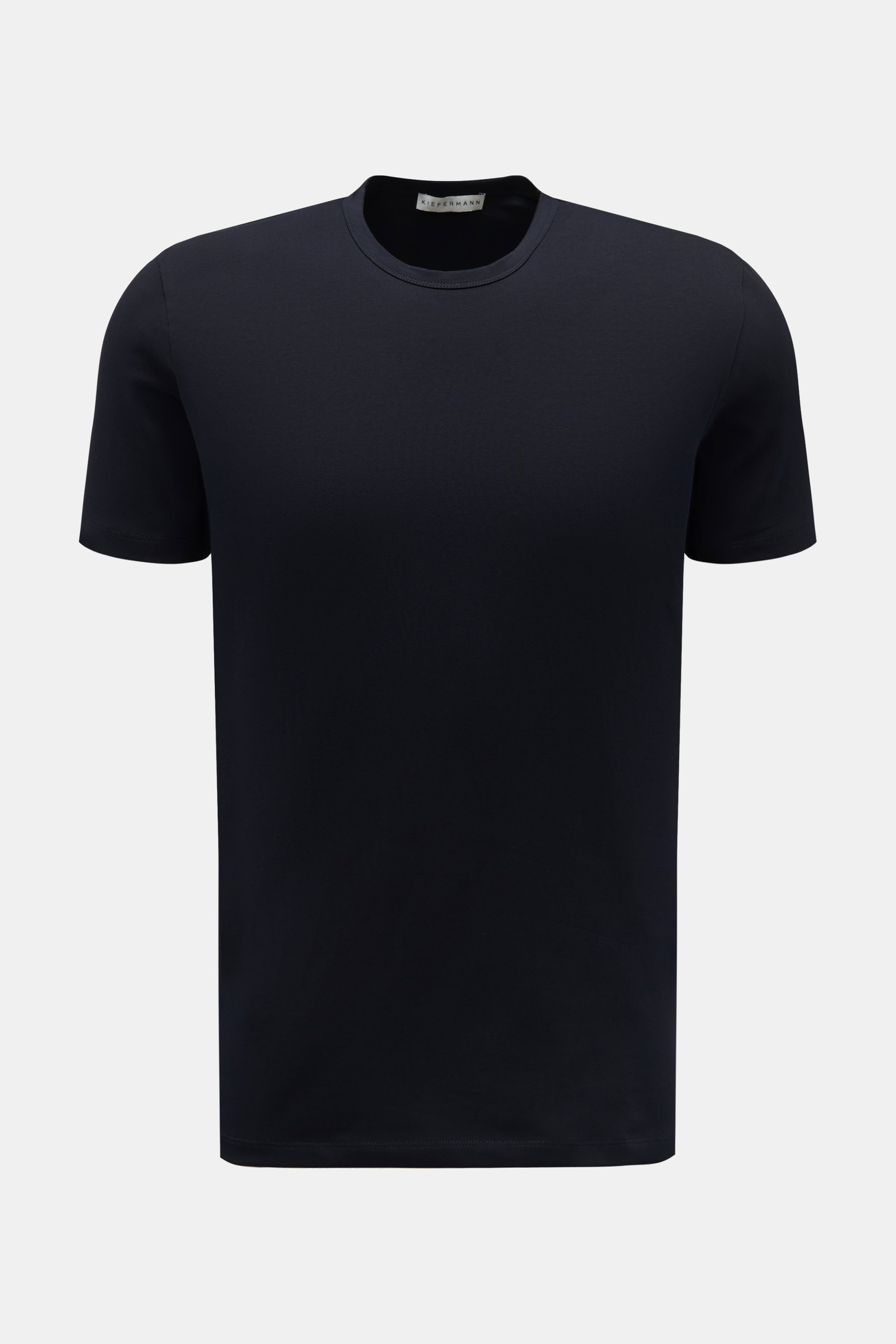 Frontale Nahaufnahme des Kiefermann Rundhals-T-Shirts 'Lehon' dark navy aus softer Baumwolle, elastischer Qualität, weichem Griff, Extra Slim Fit und Rundhalsausschnitt.