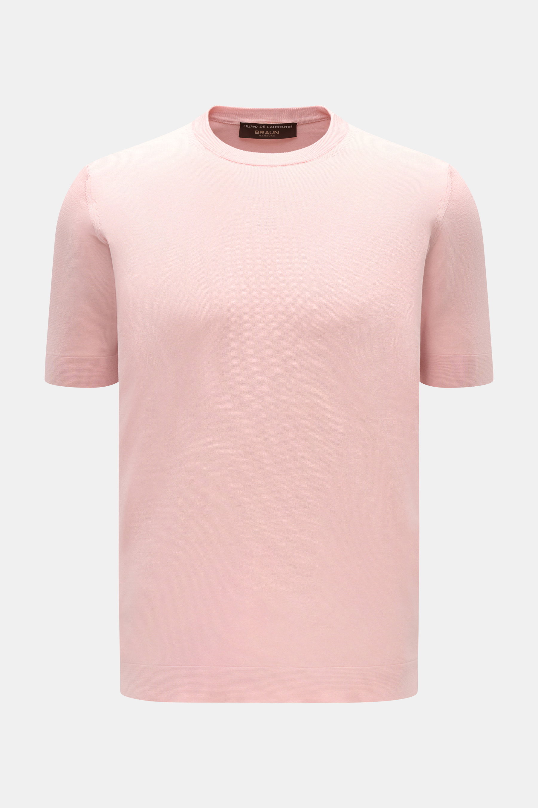 Filippo de Laurentiis Feinstrick-Kurzarmpullover rosé, Slim Fit, Rundhalsausschnitt, aus reiner Baumwolle, frontale Nahaufnahme, seitliche Saumschlitze.