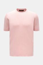Filippo de Laurentiis Feinstrick-Kurzarmpullover rosé, Slim Fit, Rundhalsausschnitt, aus reiner Baumwolle, frontale Nahaufnahme, seitliche Saumschlitze.