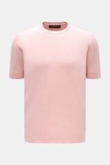 Filippo de Laurentiis Feinstrick-Kurzarmpullover rosé, Slim Fit, Rundhalsausschnitt, aus reiner Baumwolle, frontale Nahaufnahme, seitliche Saumschlitze.