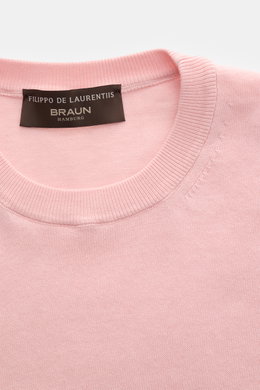 Filippo de Laurentiis Feinstrick-Kurzarmpullover rosé, sommerlich, reine Baumwolle, Slim Fit, Rundhalsausschnitt, weiche Bündchen, Nahaufnahme von oben