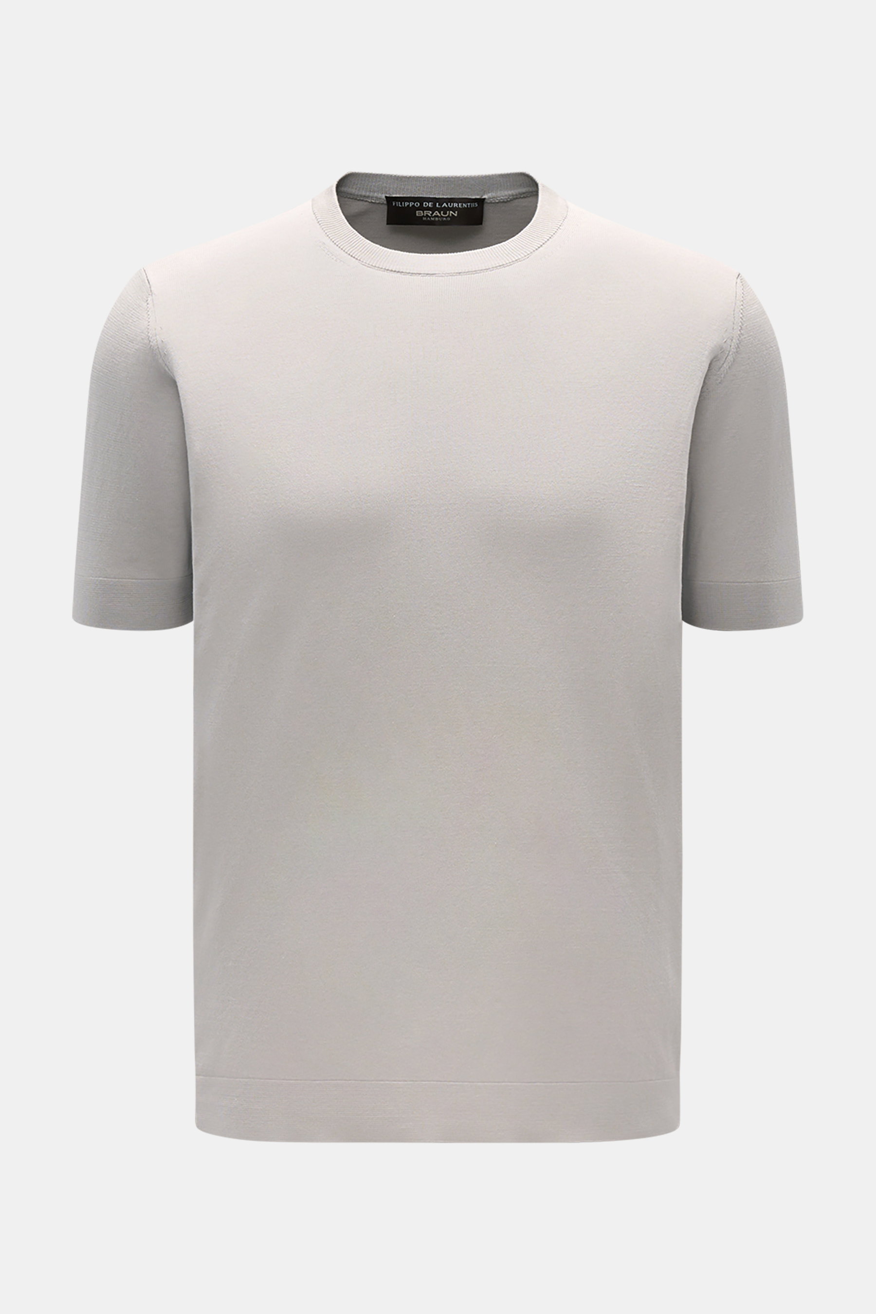 Filippo de Laurentiis Feinstrick-Kurzarmpullover grau, Slim Fit, Rundhals, reine Baumwolle, feines Strickbild, frontale Aufnahme, seitliche Saumschlitze.