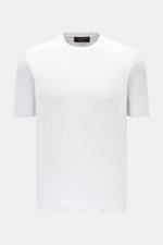 Filippo de Laurentiis Feinstrick-Kurzarmpullover weiß, slim fit, aus reiner Baumwolle, Rundhals, seitliche Saumschlitze, frontale Perspektive.