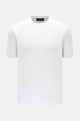 Filippo de Laurentiis Feinstrick-Kurzarmpullover weiß, slim fit, aus reiner Baumwolle, Rundhals, seitliche Saumschlitze, frontale Perspektive.