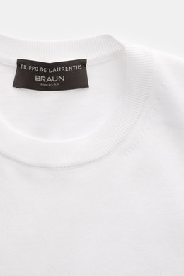 Filippo de Laurentiis Feinstrick-Kurzarmpullover weiß, slim Fit, aus reiner Baumwolle mit Rundhalsausschnitt, weicher Griff, Detailaufnahme von oben.