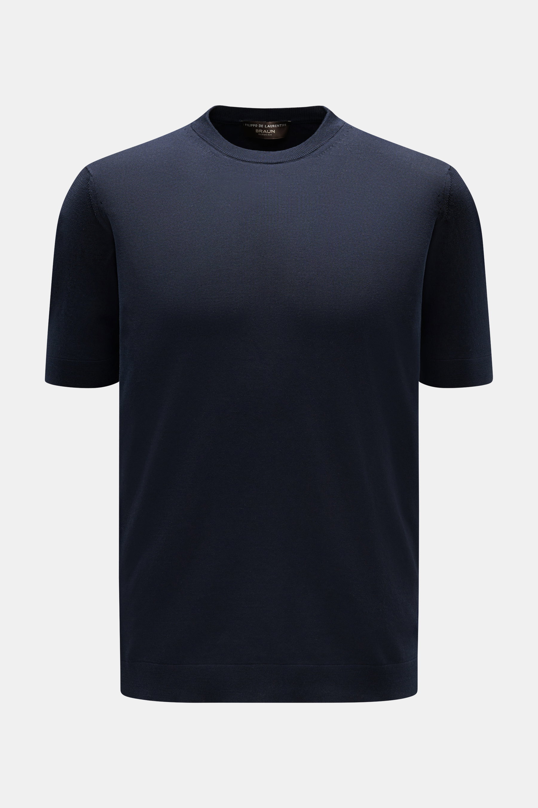 Filippo de Laurentiis Feinstrick-Kurzarmpullover navy, slim Fit, Rundhals, reiner Baumwolle, weicher Griff, feines Strickbild, vorne frontal fotografiert.