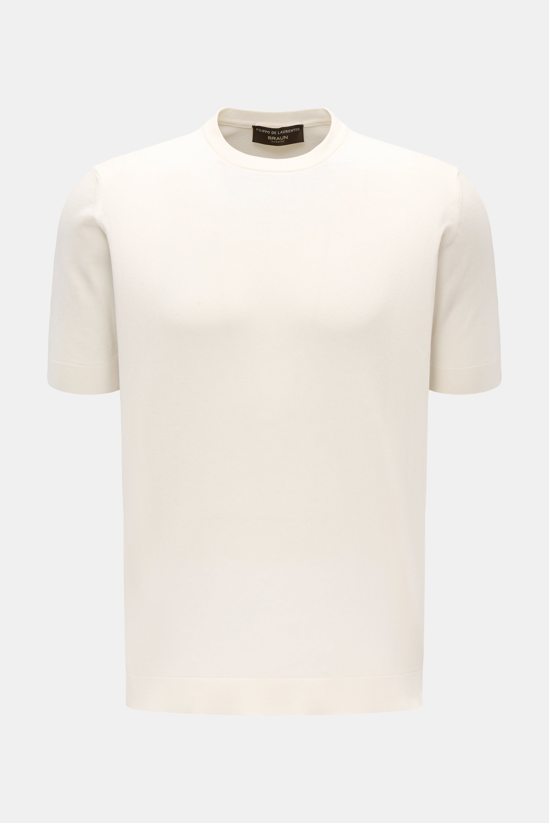 Filippo de Laurentiis Feinstrick-Kurzarmpullover creme, slim fit, Rundhals, aus reiner Baumwolle, feines Strickbild, frontale Nahaufnahme.