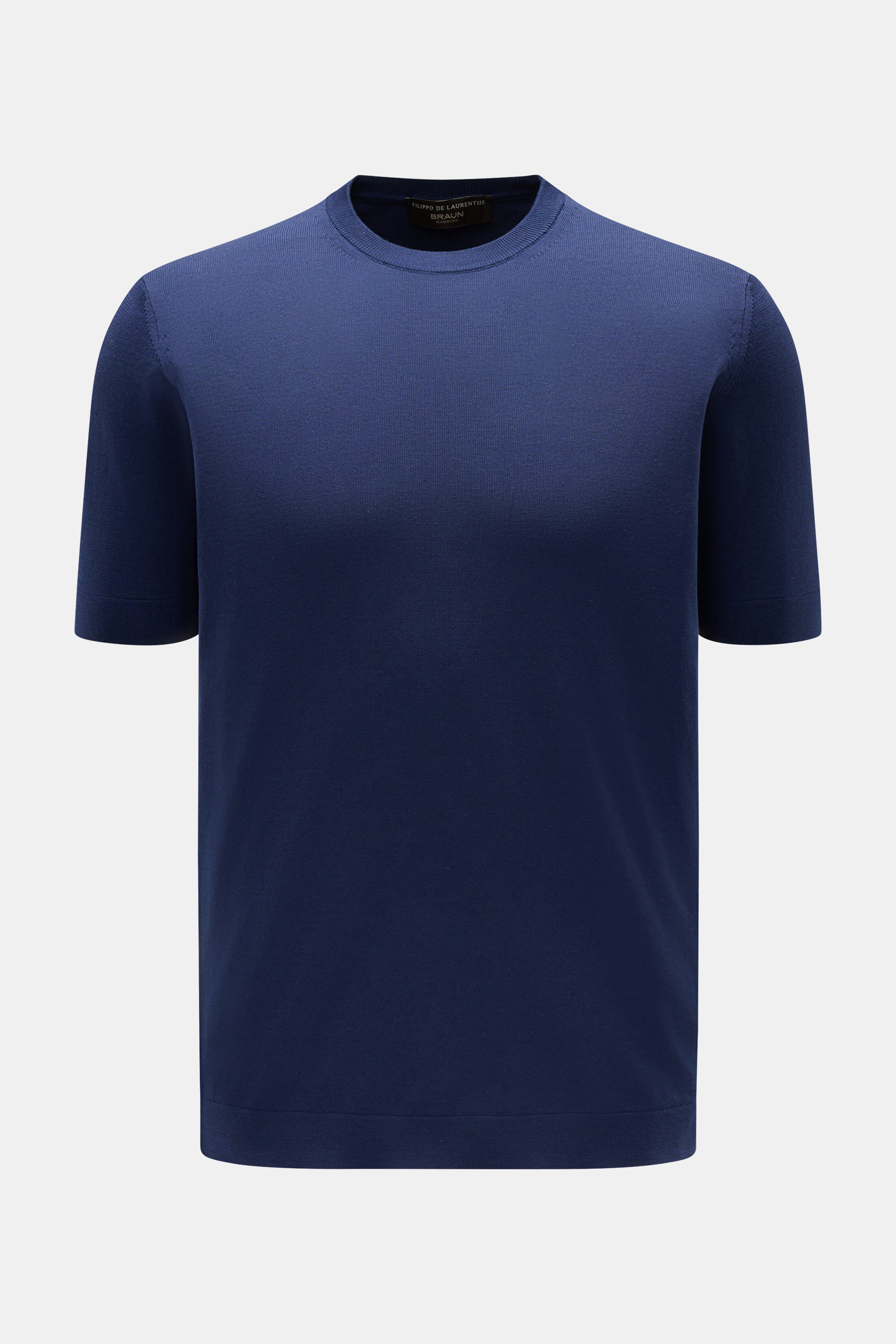 Filippo de Laurentiis Feinstrick-Kurzarmpullover dunkelblau, slim fit, aus reiner Baumwolle, feines Strickbild, Rundhalsausschnitt, Frontansicht.