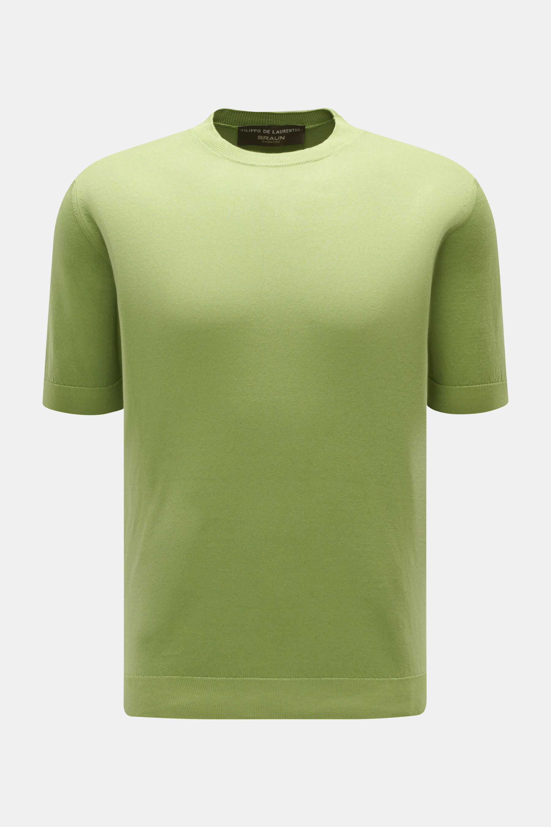 Filippo de Laurentiis Kurzarmpullover grün, Slim Fit, reine Baumwolle, weicher Griff, Rundhalsausschnitt, Rippbündchen, frontale Ansicht.