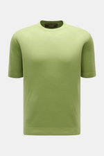 Filippo de Laurentiis Kurzarmpullover grün, Slim Fit, reine Baumwolle, weicher Griff, Rundhalsausschnitt, Rippbündchen, frontale Ansicht.