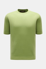 Filippo de Laurentiis Kurzarmpullover grün, Slim Fit, reine Baumwolle, weicher Griff, Rundhalsausschnitt, Rippbündchen, frontale Ansicht.