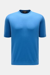 Filippo de Laurentiis Kurzarmpullover blau, frontal fotografiert, Slim Fit, reine Baumwolle, weicher Griff, Rundhalsausschnitt, Rippbündchen.