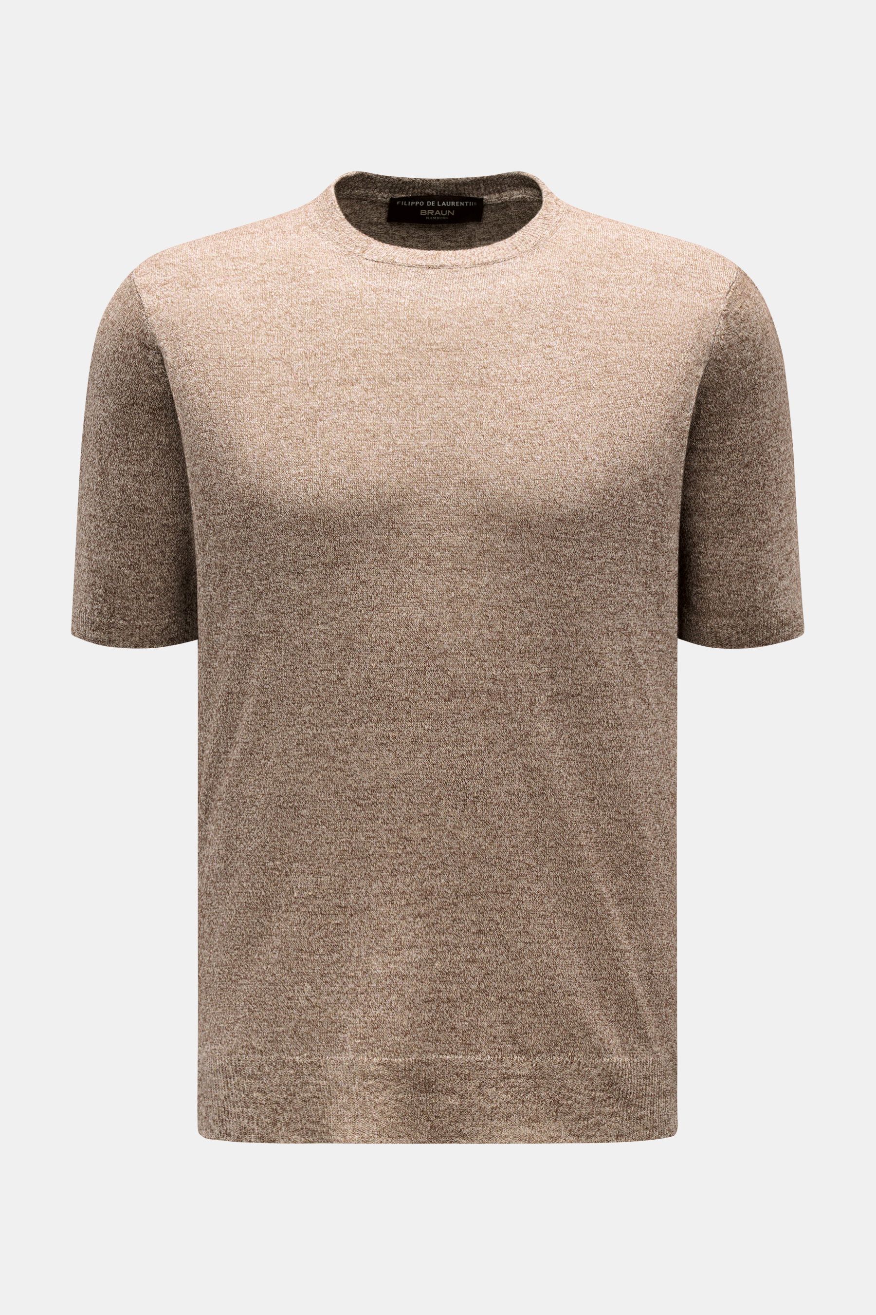 Filippo de Laurentiis Feinstrick-Kurzarmpullover braun meliert, Slim Fit, Rundhalsausschnitt, aus Leinen-Baumwollmix, frontal fotografiert.
