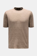 Filippo de Laurentiis Feinstrick-Kurzarmpullover braun meliert, Slim Fit, Rundhalsausschnitt, aus Leinen-Baumwollmix, frontal fotografiert.
