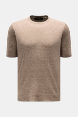 Filippo de Laurentiis Feinstrick-Kurzarmpullover braun meliert, Slim Fit, Rundhalsausschnitt, aus Leinen-Baumwollmix, frontal fotografiert.