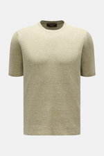 Filippo de Laurentiis Feinstrick-Kurzarmpullover oliv meliert, Slim Fit, Rundhalsausschnitt, Rippbündchen, aus Leinen-Baumwolle, frontale Nahaufnahme.