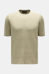 Filippo de Laurentiis Feinstrick-Kurzarmpullover oliv meliert, Slim Fit, Rundhalsausschnitt, Rippbündchen, aus Leinen-Baumwolle, frontale Nahaufnahme.