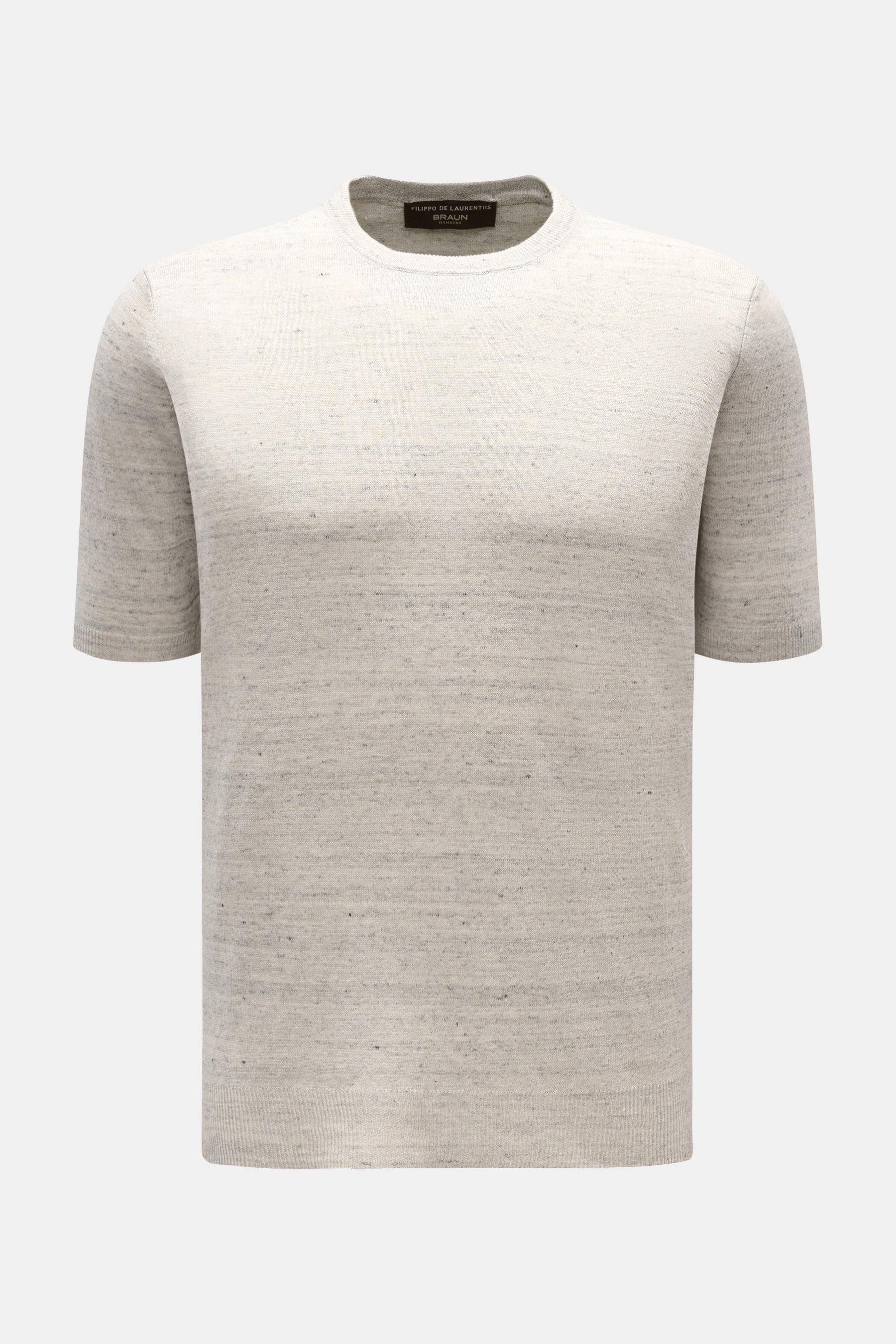 Filippo de Laurentiis Feinstrick-Kurzarmpullover hellgrau meliert, Slim Fit, Rundhalsausschnitt, Rippbündchen, Frontansicht, Leinen-Baumwoll-Mix, feines Strickbild.