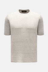 Filippo de Laurentiis Feinstrick-Kurzarmpullover hellgrau meliert, Slim Fit, Rundhalsausschnitt, Rippbündchen, Frontansicht, Leinen-Baumwoll-Mix, feines Strickbild.
