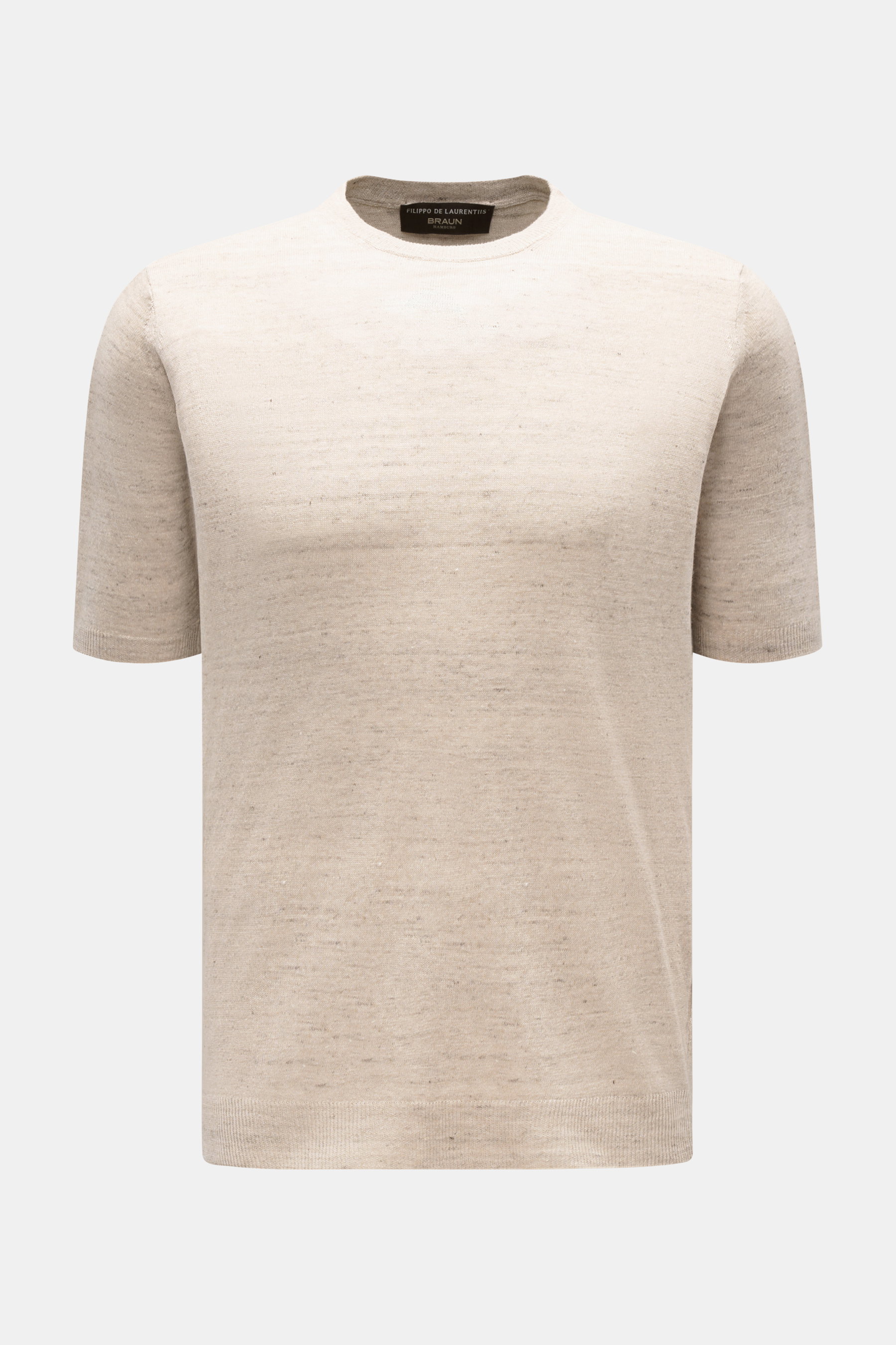 Filippo de Laurentiis Feinstrick-Kurzarmpullover beige meliert, Slim Fit, Rundhalsausschnitt, Rippbündchen, aus Leinen-Baumwoll-Mix, frontal fotografiert.