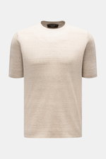 Filippo de Laurentiis Feinstrick-Kurzarmpullover beige meliert, Slim Fit, Rundhalsausschnitt, Rippbündchen, aus Leinen-Baumwoll-Mix, frontal fotografiert.