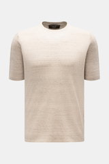 Filippo de Laurentiis Feinstrick-Kurzarmpullover beige meliert, Slim Fit, Rundhalsausschnitt, Rippbündchen, aus Leinen-Baumwoll-Mix, frontal fotografiert.