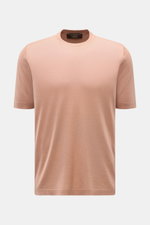 Filippo de Laurentiis Feinstrick-Kurzarmpullover apricot, frontal fotografiert, aus Cashmere-Seide-Mix, weicher Griff, feines Strickbild, Regular Fit, Rundhalsausschnitt.