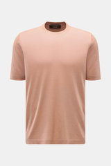 Filippo de Laurentiis Feinstrick-Kurzarmpullover apricot, frontal fotografiert, aus Cashmere-Seide-Mix, weicher Griff, feines Strickbild, Regular Fit, Rundhalsausschnitt.
