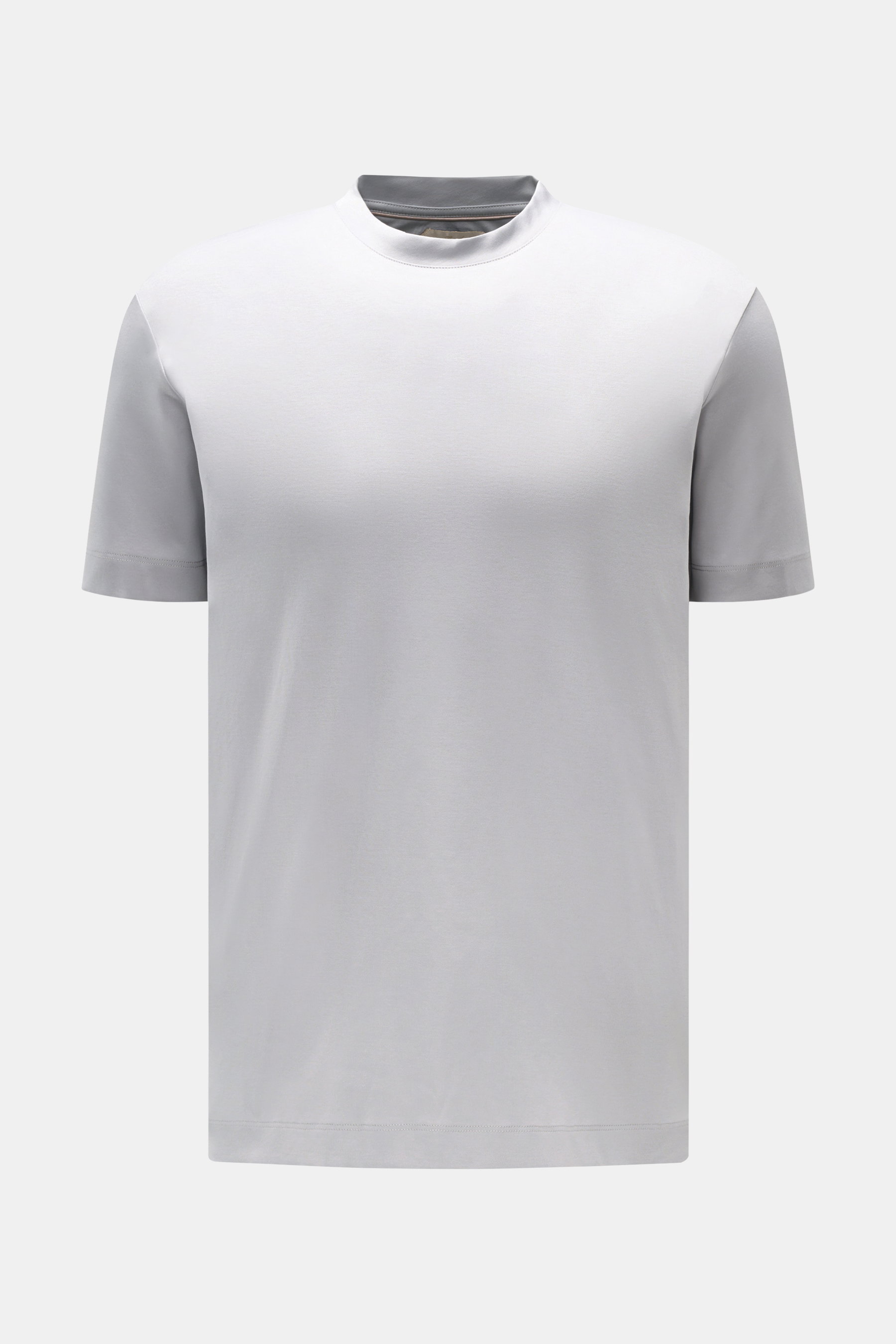 Aurélien Rundhals-T-Shirt hellgrau, Frontansicht, Slim Fit, Jersey aus ägyptischer Baumwolle, weicher Griff, Rundhalsausschnitt, kurze Saumschlitze, dezentes Logo-Stitching hinten.