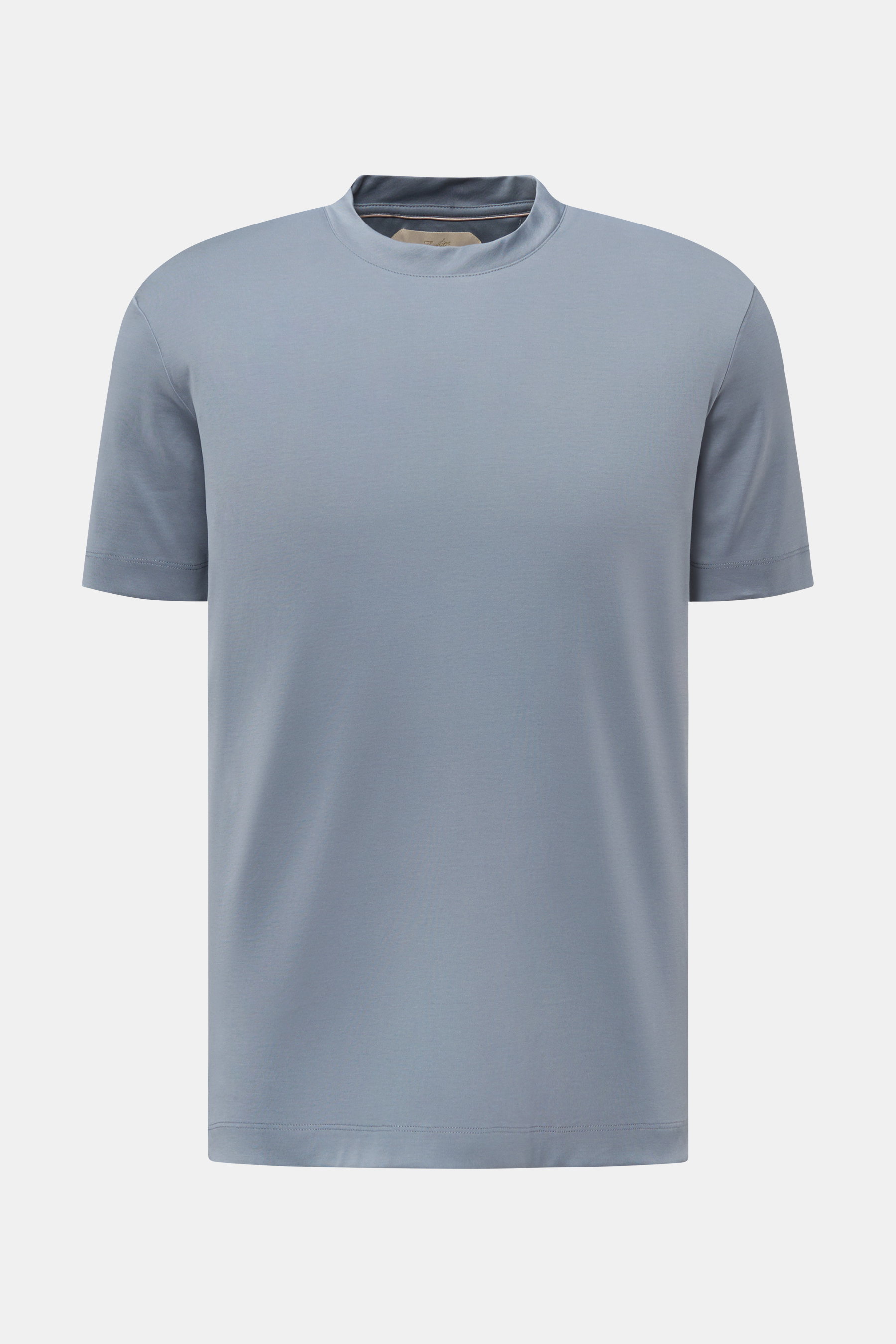 Aurélien Rundhals-T-Shirt rauchblau, Slim Fit, Jersey aus ägyptischer Baumwolle, weicher Griff, Rundhalsausschnitt, kurze Saumschlitze, Frontansicht