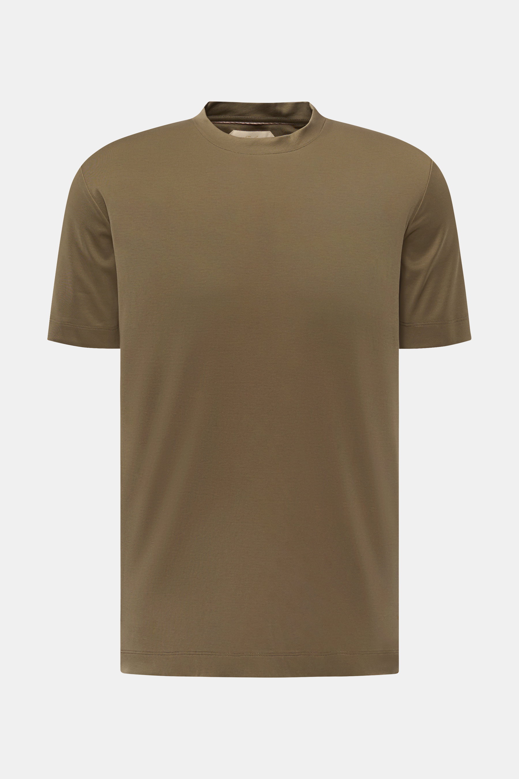 Aurélien Rundhals-T-Shirt oliv, Frontansicht, Slim Fit, Jersey aus ägyptischer Baumwolle, weicher Griff, Rundhalsausschnitt, kurze Saumschlitze, dezentes Logo-Stitching hinten.