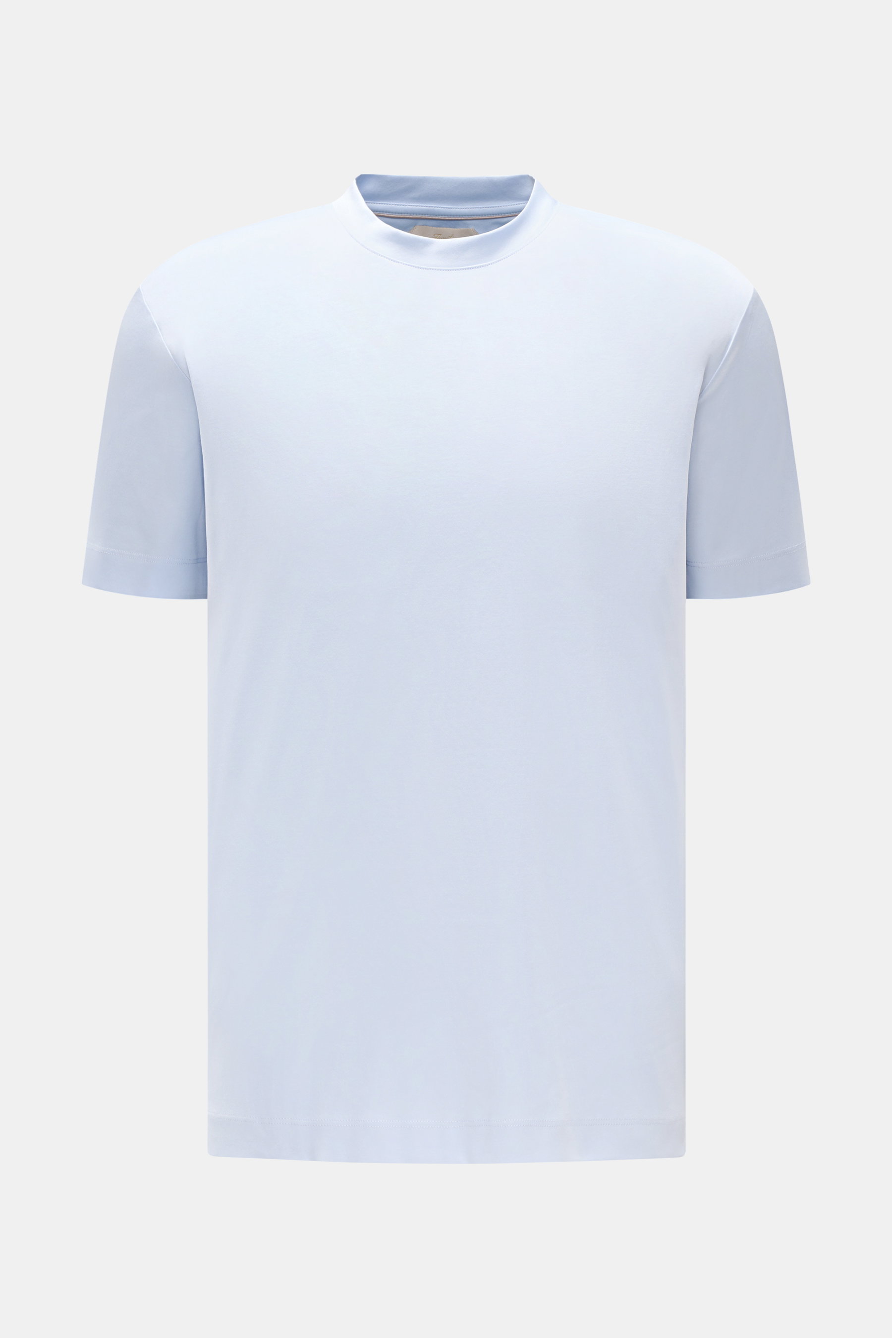 Aurélien Rundhals-T-Shirt hellblau, Slim Fit, Jersey aus ägyptischer Baumwolle, weicher Griff, Rundhalsausschnitt, kurze Saumschlitze, Frontansicht, dezentes Logo-Stitching Rückseite.