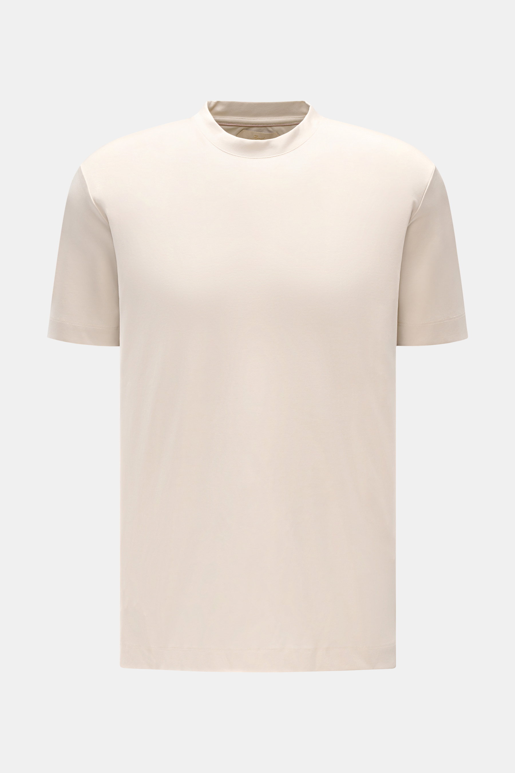 Aurélien Rundhals-T-Shirt sand, Frontansicht, Slim Fit, Jersey aus ägyptischer Baumwolle, weicher Griff, Rundhalsausschnitt, kurze Saumschlitze, dezentes Logo-Stitching hinten.