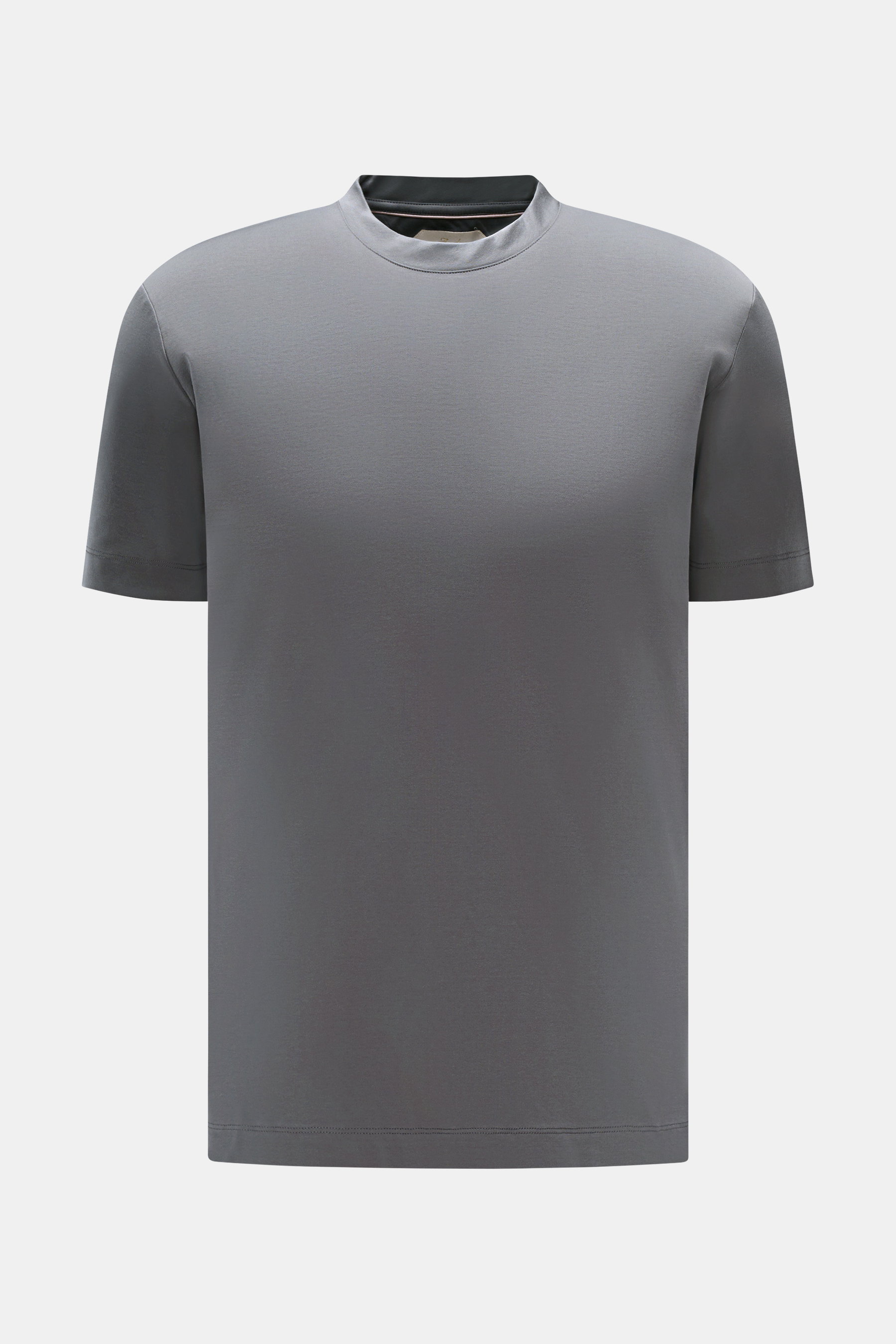 Aurélien Rundhals-T-Shirt dunkelgrau, frontal fotografiert, Slim Fit, Jersey aus ägyptischer Baumwolle, weicher Griff, Rundhalsausschnitt, kurze Saumschlitze, dezentes Logo-Stitching hinten.