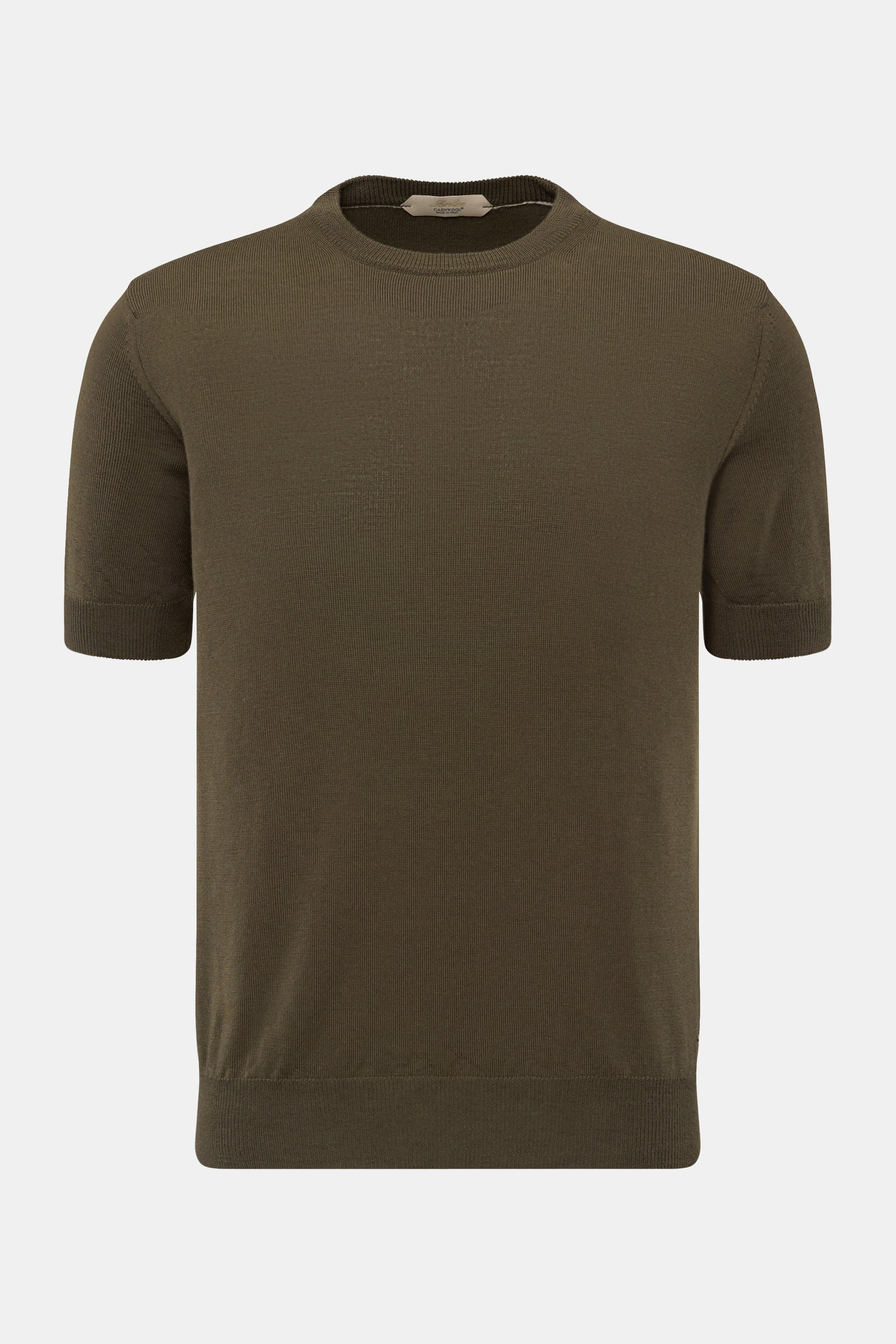 Aurélien Merino Kurzarmpullover oliv frontal fotografiert, Slim Fit, Strick aus Merinowolle, weicher Griff, Rundhalsausschnitt, Rippbündchen.