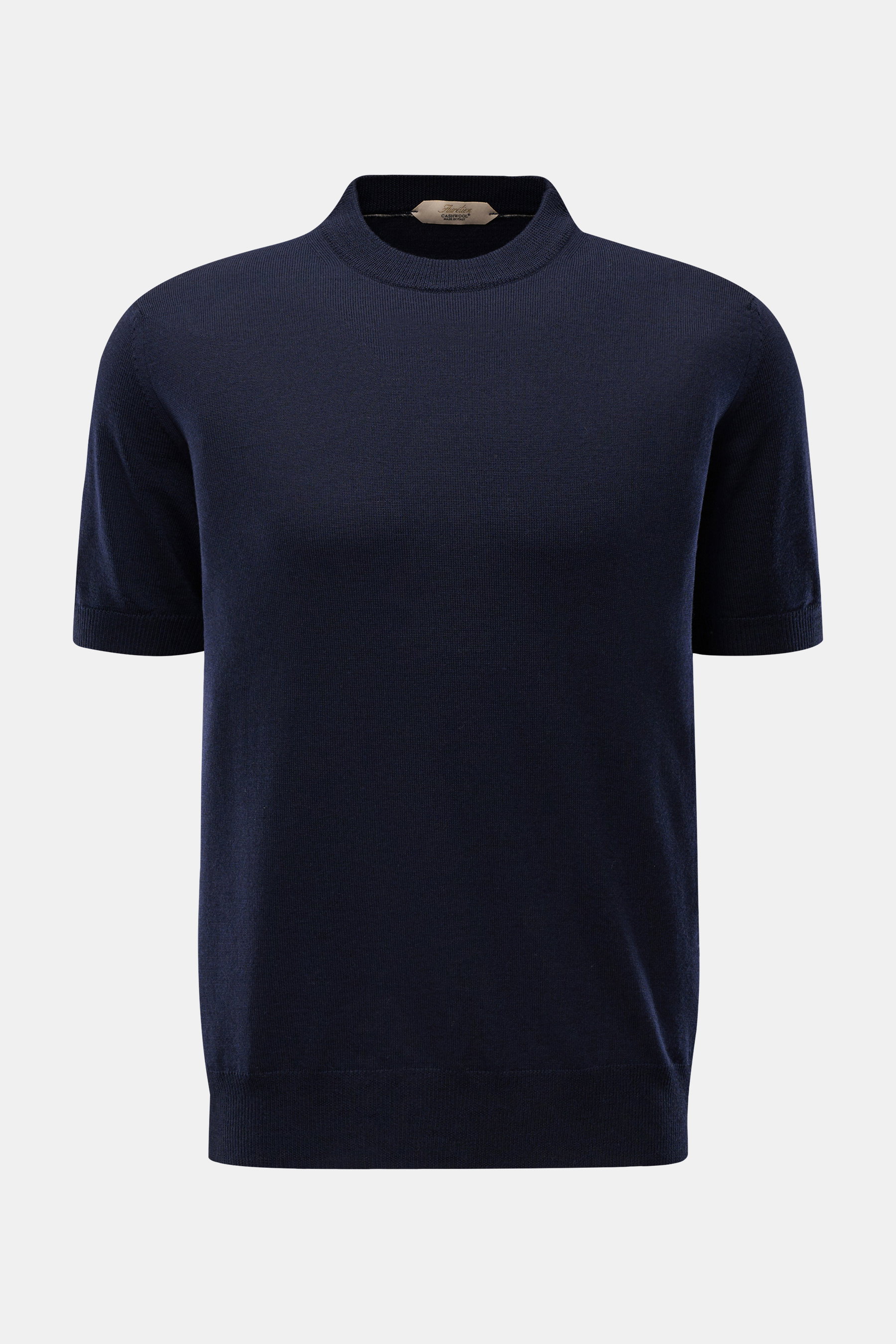 Aurélien Kurzarmpullover 'Cashwool' navy, Slim Fit, feines Strickbild, Rundhalsausschnitt, Rippbündchen, Metall-Label, Frontalansicht.