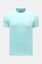 Polo Ralph Lauren Rundhals-T-Shirt türkis, frontale Nahaufnahme, extra Slim Fit, weiche Baumwolle, Logo-Stitching, Rundhalsausschnitt.
