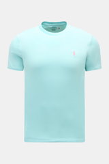 Polo Ralph Lauren Rundhals-T-Shirt türkis, frontale Nahaufnahme, extra Slim Fit, weiche Baumwolle, Logo-Stitching, Rundhalsausschnitt.