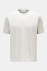 Frontale Nahaufnahme des hellgrauen 04651/ A trip in a bag Rundhals-T-Shirts aus Jersey, reine Baumwolle, weicher Griff, Regular Fit, Rundhalsausschnitt, kleines Weblabel.