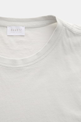 Nahaufnahme von 04651/ A trip in a bag Rundhals-T-Shirt hellgrau, Jersey aus reiner Baumwolle, weicher Griff, Regular Fit, Rundhalsausschnitt, kleines Weblabel.