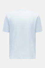 Rückansicht des pastellblauen 04651/ A trip in a bag Rundhals-T-Shirts, Jersey aus reiner Baumwolle, weicher Griff, Regular Fit, Rundhalsausschnitt, kleines Weblabel.
