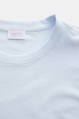 04651/ A trip in a bag Rundhals-T-Shirt pastellblau, Front nah, Jersey aus reiner Baumwolle, weicher Griff, Regular Fit, Rundhalsausschnitt, kleines Weblabel.