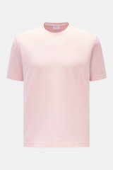 Frontale Nahaufnahme des 04651/ A trip in a bag Rundhals-T-Shirts rosé, Jersey aus reiner Baumwolle, weicher Griff, Regular Fit, Rundhalsausschnitt, kleines Weblabel.