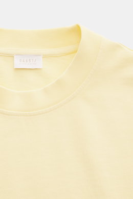 04651/ A trip in a bag Rundhals-T-Shirt pastellgelb in Nahaufnahme, robustes Basic aus schwerem Baumwoll-Jersey mit kleinem Weblabel.